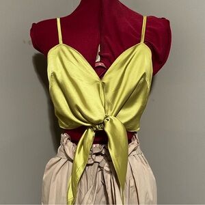 Chartreuse silk-like Xiao-Ye crop tank top with front tie - adjustable straps